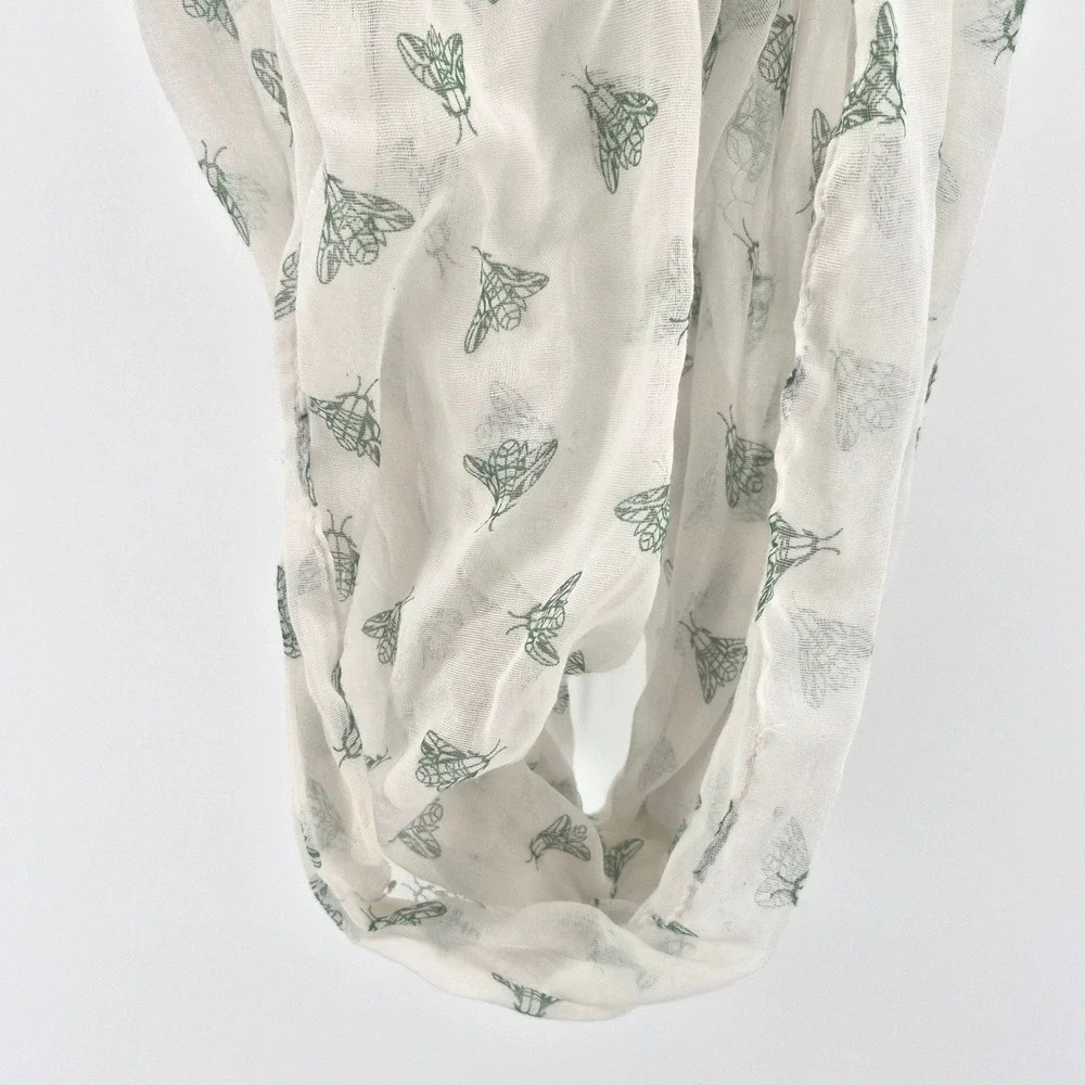 White Infinity Scarf Green Cicada Moth Insect Print Lightweight Gauze Loop Scarf
